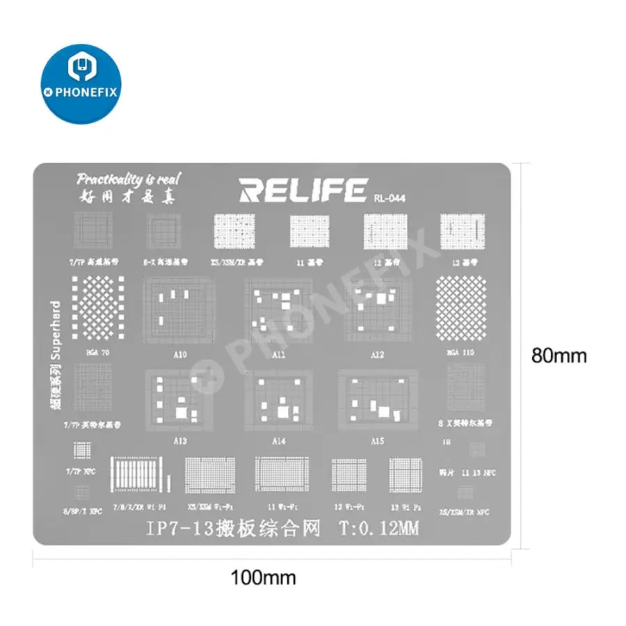 RELIFE RL-044 BGA Reballing Stencil for iPhone 7-13 Pro Max, used for precise chip reballing on Apple smartphones.