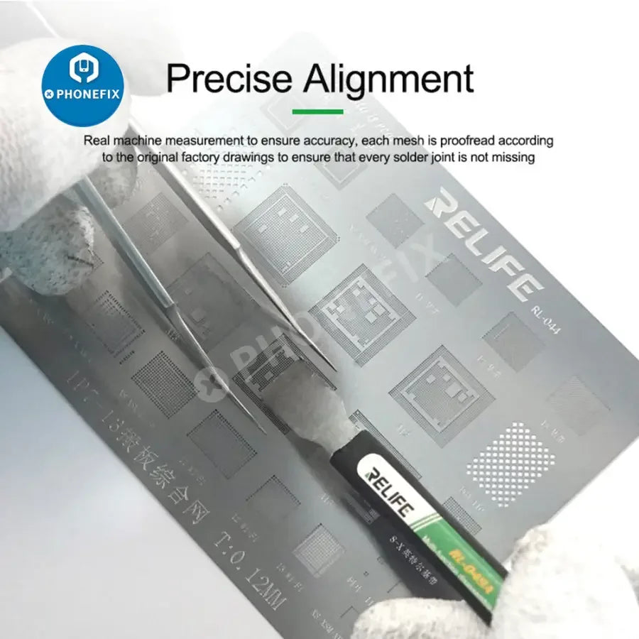 RELIFE RL-044 Precision BGA Reballing Stencil for iPhone 7-13 Pro Max used for phone repair and reballing processes.