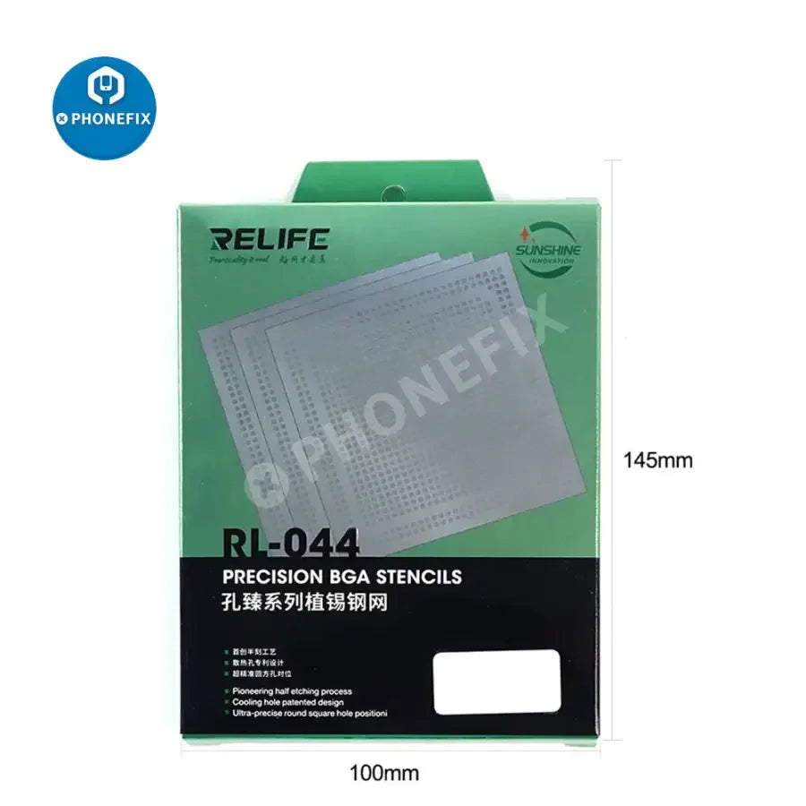 RELIFE RL-044 BGA Reballing Stencil for iPhone 7-13 Pro Max, used for precise BGA reballing repair on mobile devices.