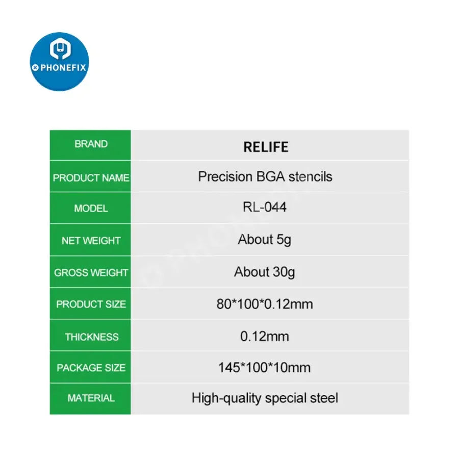 RELIFE RL-044 BGA Reballing Stencil for iPhone 7-13 Pro Max by PHONEFIX, used for precise BGA reballing and repair.