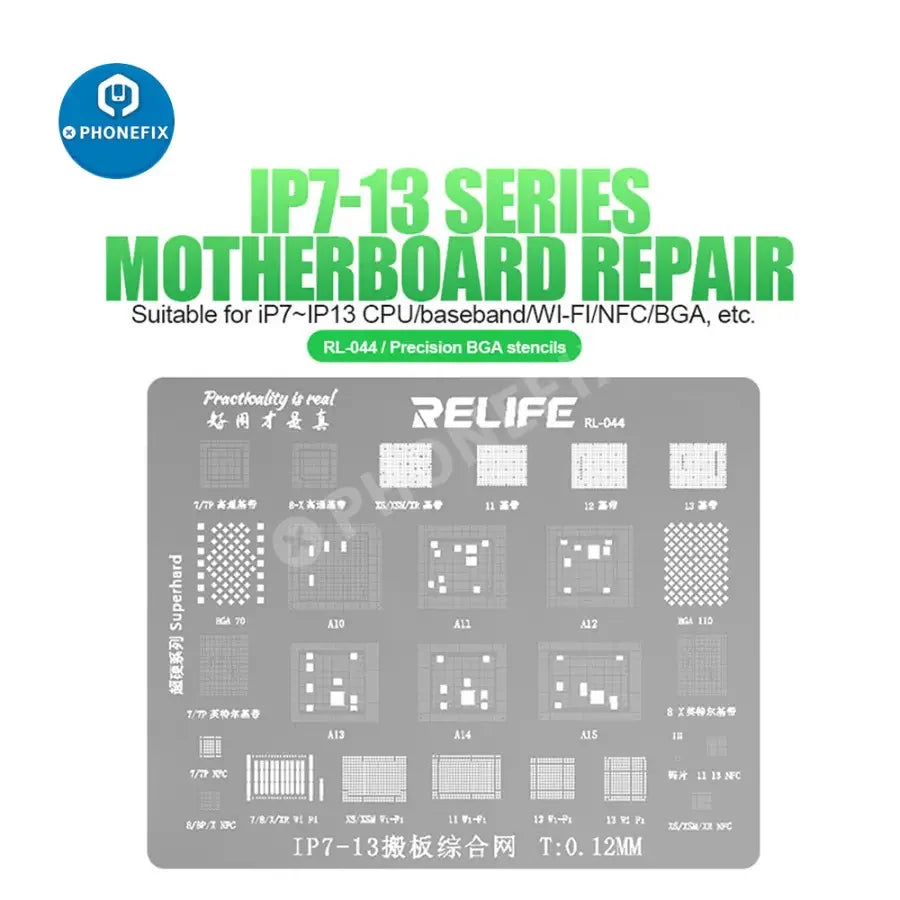 RELIFE RL-044 Precision BGA Reballing Stencil for iPhone 7-13 Pro Max, used for repairing and reballing iPhone circuit boards.