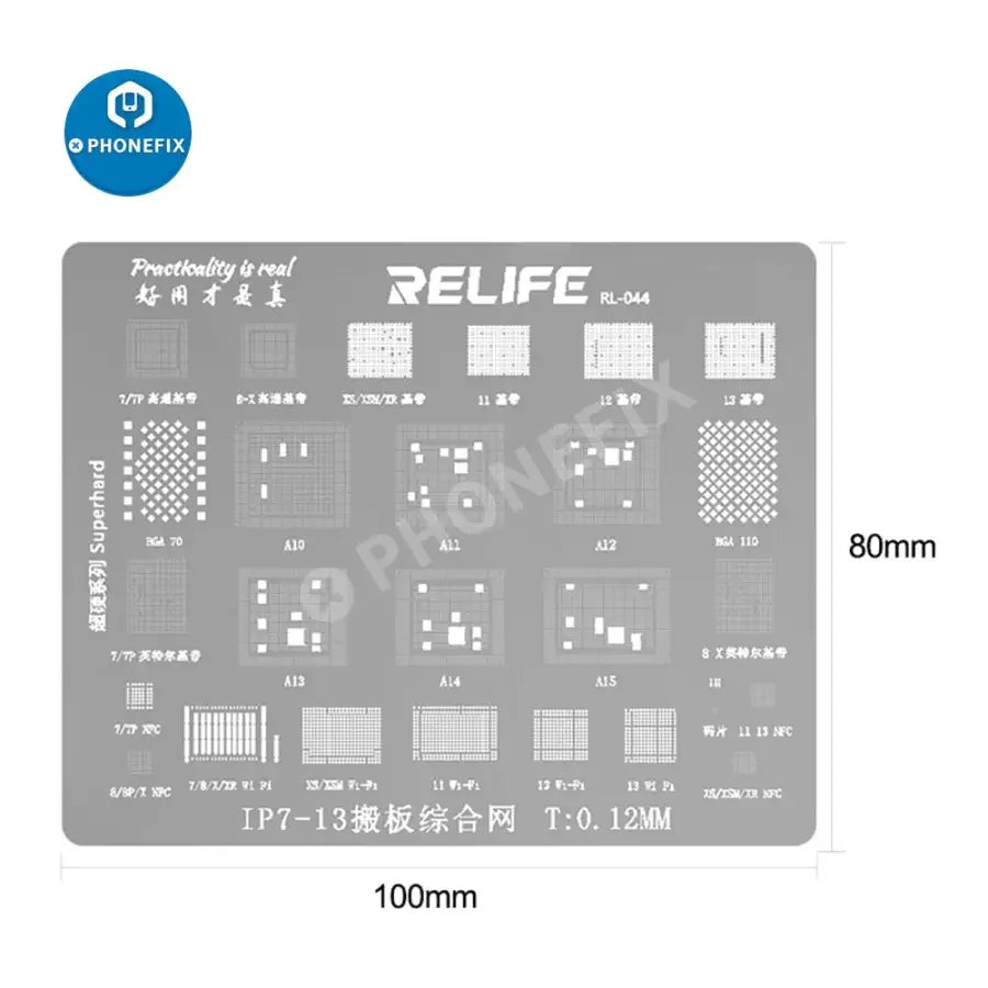 RELIFE RL-044 BGA Reballing Stencil for iPhone 7-13 Pro Max, used for precise reballing repair of smartphone circuit boards.