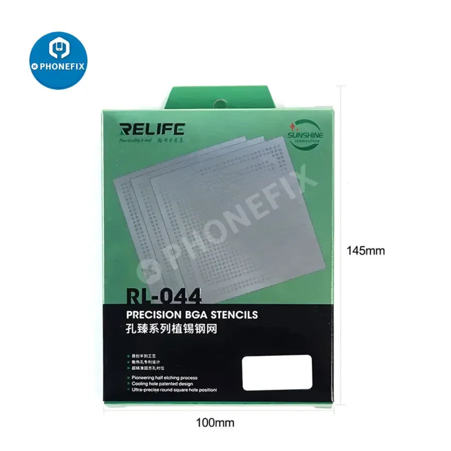 RELIFE RL-044 BGA Reballing Stencil for iPhone 7-13 Pro Max, used for precise reballing of mobile device chips.