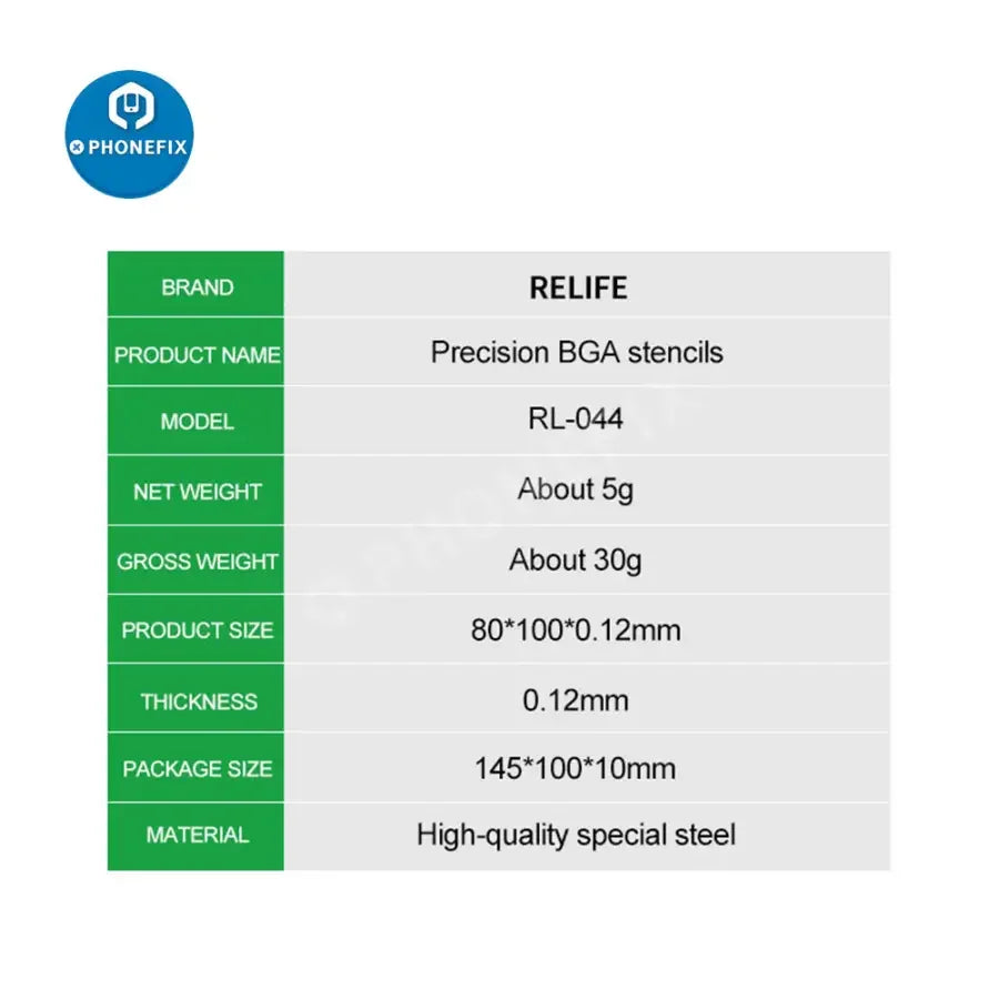 Relife RL-044 Precision BGA Reballing Stencil for iPhone 7-13 Pro Max, used for repairing and reballing smartphone circuit boards.