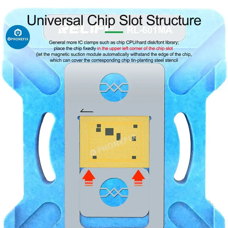 Plateforme de pochoir de reballage BGA RELIFE RL-601MA A11-A19 de PHONEFIX, montrant le pochoir de reballage CPU universel pour les réparations de téléphones.