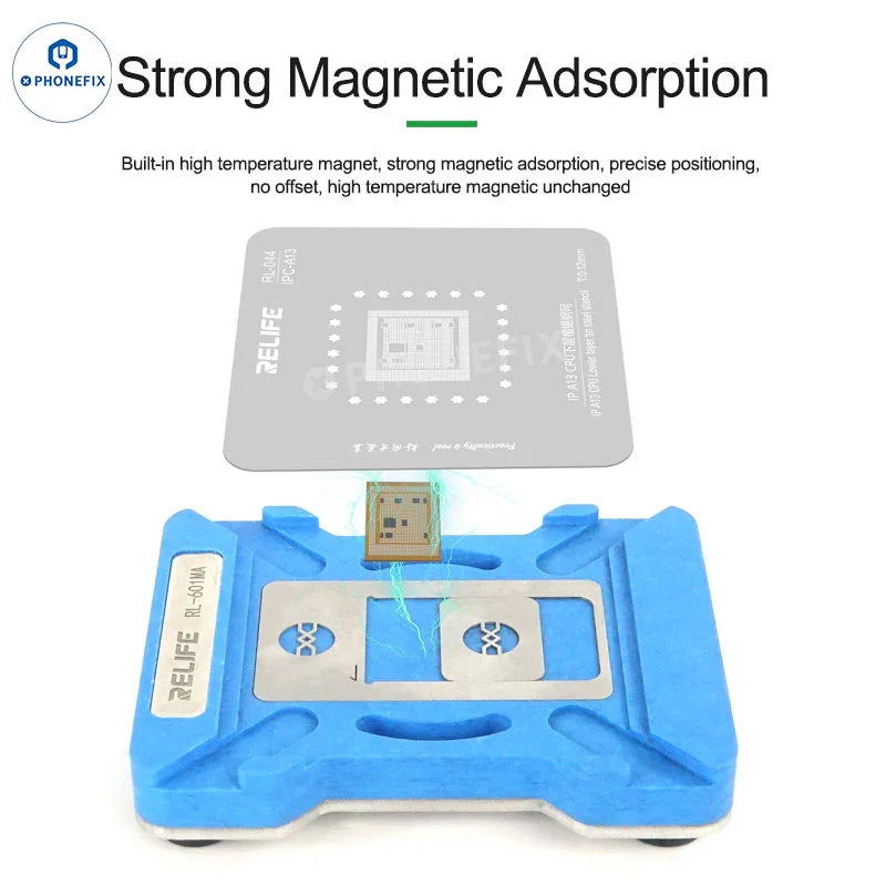 Plateforme de pochoir de reballage BGA RELIFE RL-601MA A11-A19 PRO de PHONEFIX, montrant le pochoir métallique détaillé pour le reballage du processeur.