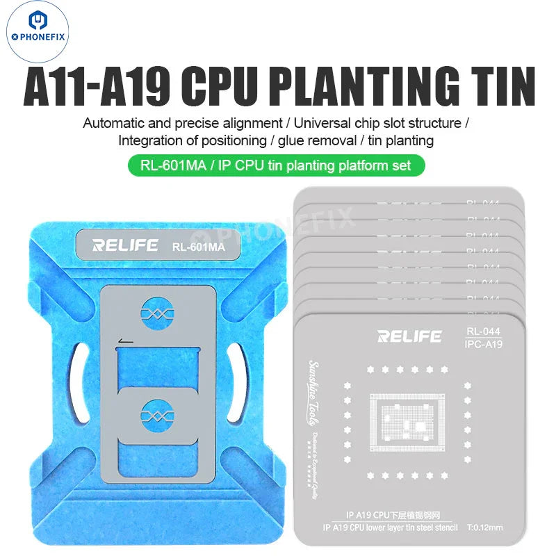 RELIFE RL-601MA A11-A19 PRO BGA reballing stencil platform by PHONEFIX showing detailed metal stencil with precise cutouts for CPU reballing.
