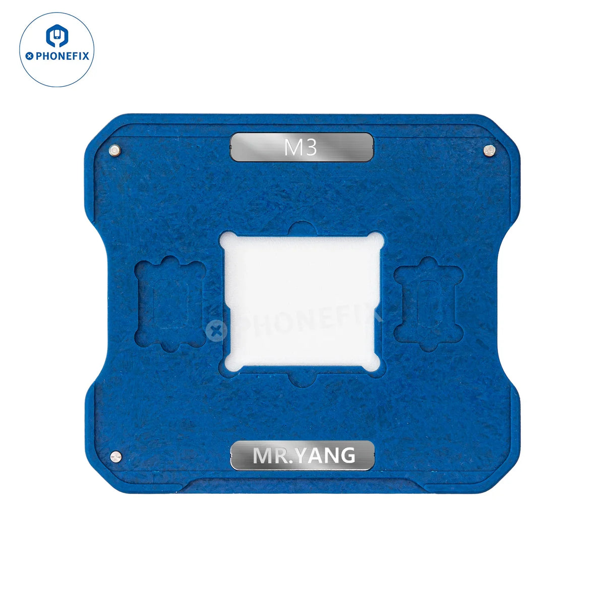 PhoneFix YCS M.Y M1 M2 M3 M4 BGA Reballing Stencil Platform for MacBook repair, showing the stencil layout and tools.