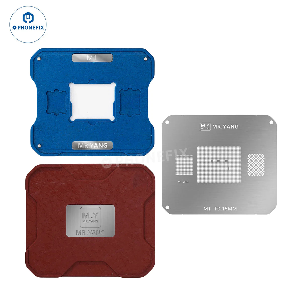 PHONEFIX YCS M.Y M1 M2 M3 M4 BGA Reballing Stencil platform for MacBook repair, featuring precise reballing holes.