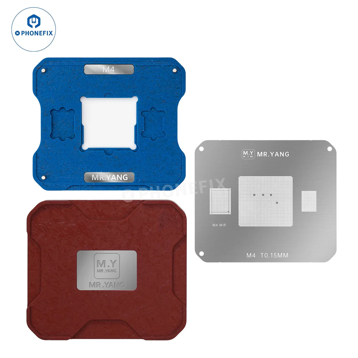 PHONEFIX YCS M.Y M1 M2 M3 M4 BGA Reballing Stencil platform for MacBook repair, showing the stencil with precise holes.
