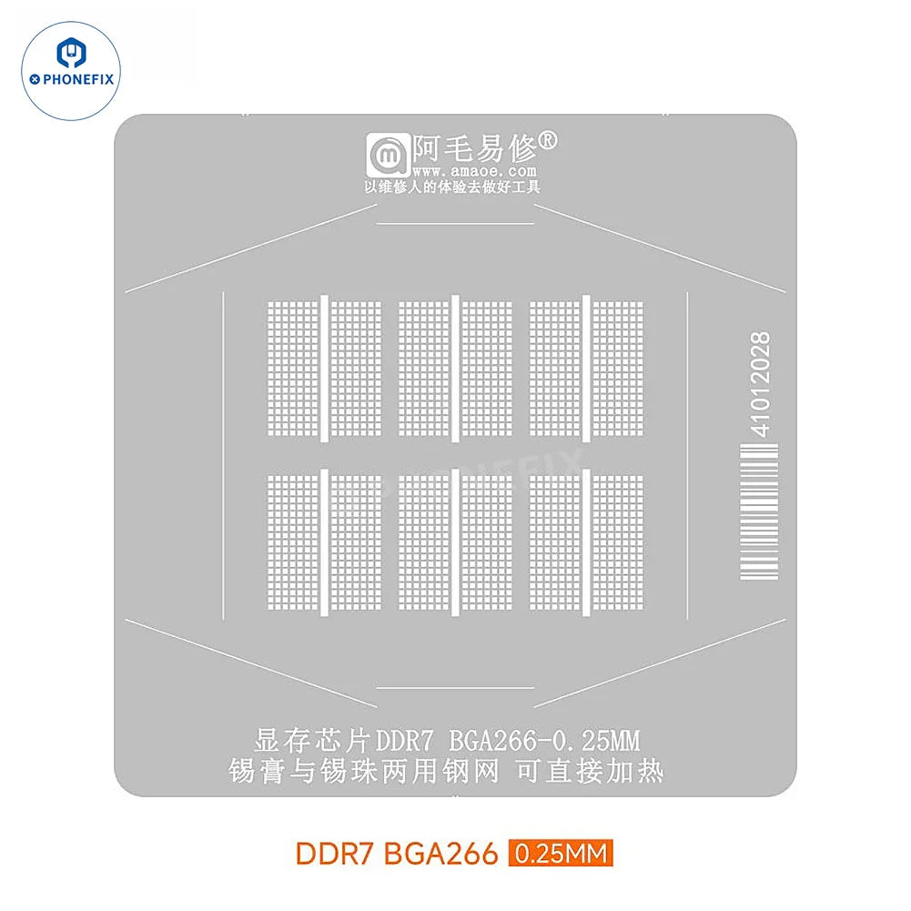 PhoneFix BGA reballing stencil for DDR7 LPDDR3 video memory chips, featuring 0.25mm BGA266 layout for precise reballing.