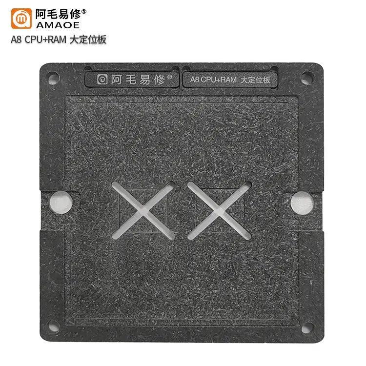 AMAOE A8-A13 CPU and RAM positioning plate for iPhone 6 to 11 Pro, BGA reballing stencil by PHONEFIX, shown on a white background.