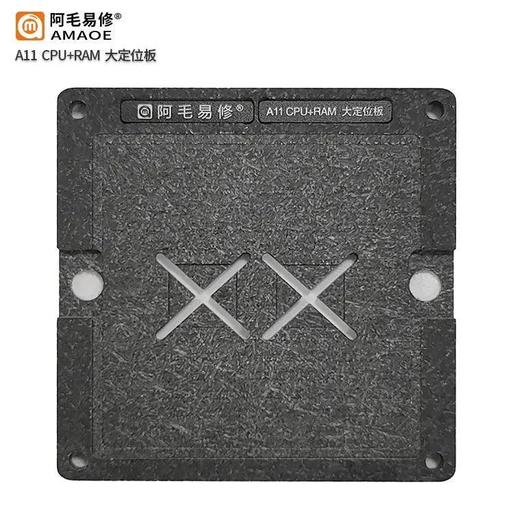 PHONEFIX BGA reballing stencil for iPhone 6 to 11 Pro CPU and RAM positioning plate, used for precise CPU and RAM reballing.