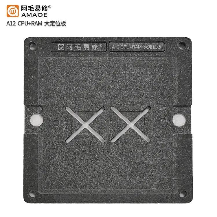 PhoneFix BGA reballing stencil for iPhone 6-11 Pro CPU and RAM positioning plate, used for precise reballing and repair.