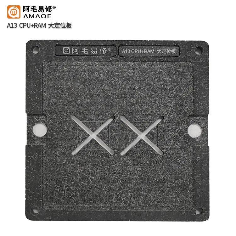 PhoneFix BGA Reballing Stencil for iPhone 6-11 Pro CPU and RAM positioning plate, used for reballing and repair.