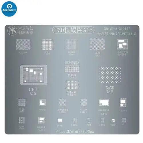 Steel BGA reballing stencil plate for iPhone 6-13PM by PHONEFIX, shown with detailed holes for precise reballing process.