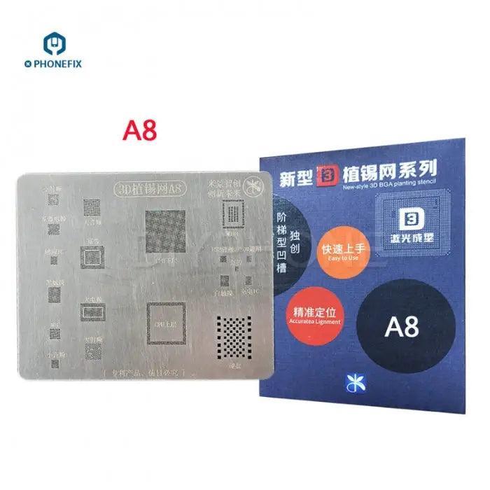 PHONEFIX MJ 3D BGA Reballing Steel Stencil Plate Net for iPhone 6-13PM repairs, showing the detailed metal stencil with holes.