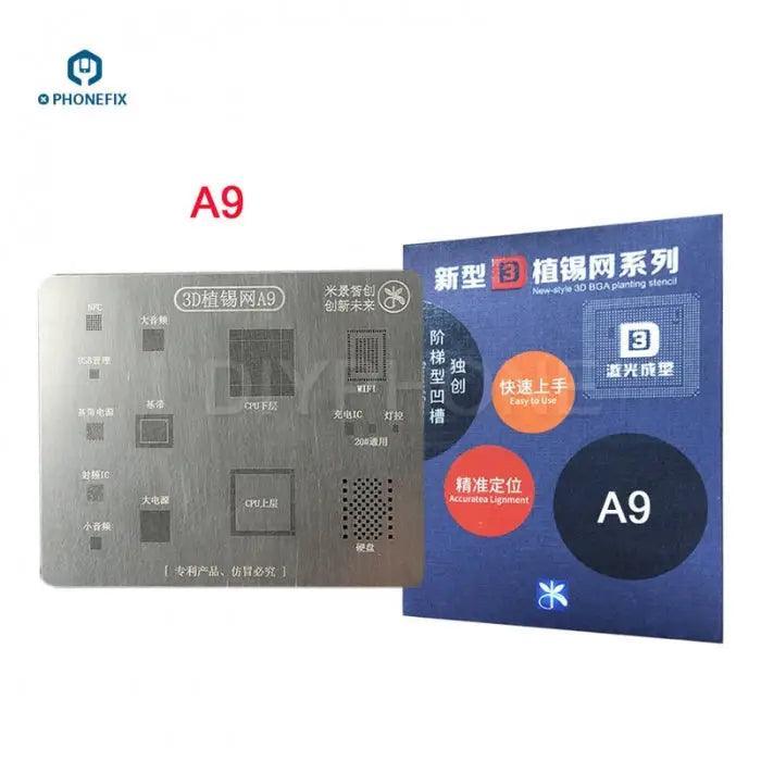 Steel BGA Reballing Stencil Plate Net for iPhone 6-13PM by PHONEFIX, used for precise reballing of iPhone circuit boards.