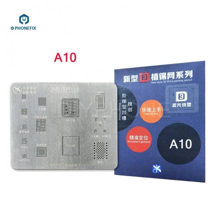 MJ 3D BGA Reballing Steel Stencil Plate Net for iPhone 6-13PM by PHONEFIX, used for precise BGA reballing repairs.