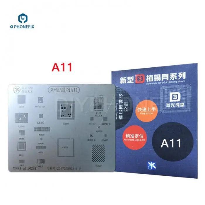 PHONEFIX MJ 3D BGA reballing steel stencil plate net for iPhone 6 to 13PM, showing the detailed metal mesh design for reballing.
