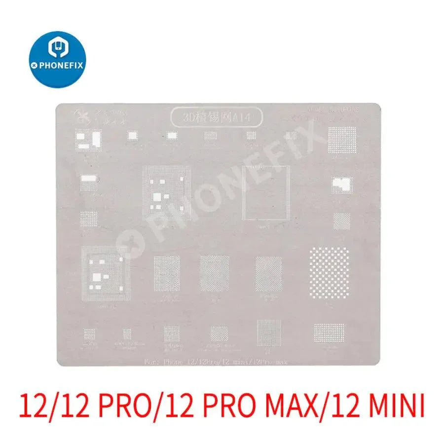 Steel BGA reballing stencil plate for iPhone 6-13PM by PHONEFIX, showing the detailed mesh design and precision holes.