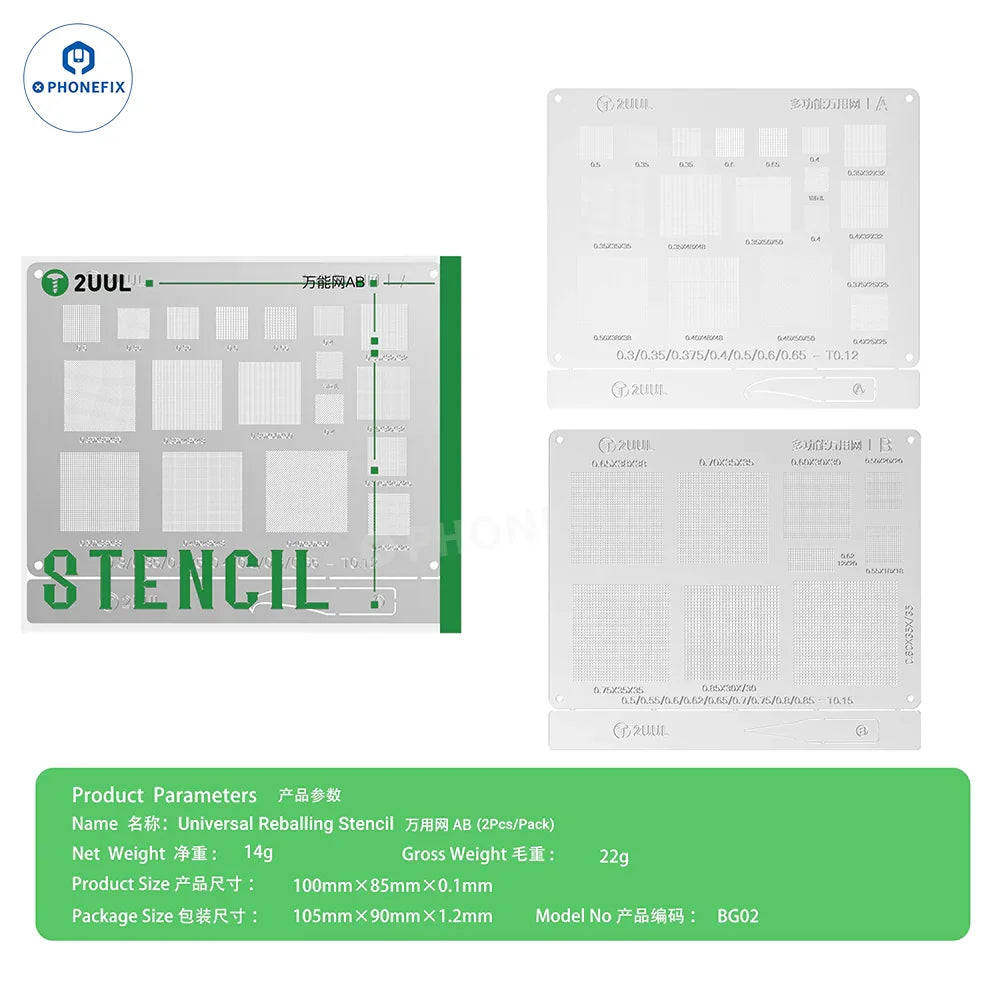 PHONEFIX 2UUL BG02 AB BGA reballing stencil for phone CPU, NAND, and WiFi IC rework with precise apertures for electronics repair.