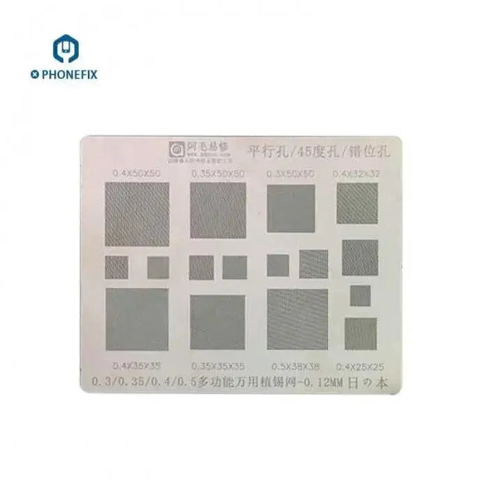Amaoe BGA reballing stencil template with multiple holes in 0.3mm, 0.4mm, 0.5mm sizes for phone repair.