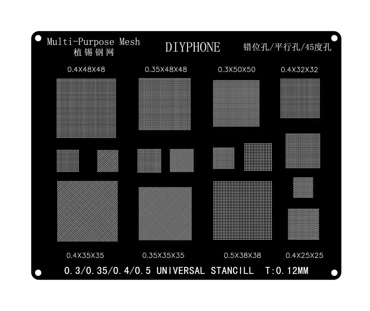 Amaoe BGA reballing stencil template with multiple hole sizes for precise reballing, designed for phone repair.