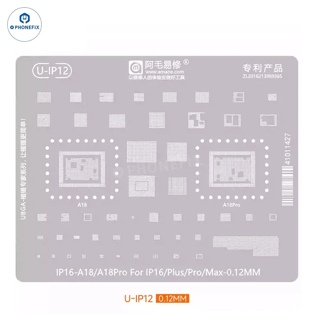 A18 BGA reballing stencil for iPhone 16 Pro Max with Amaoe IP16 A18 middle layer, designed for precise iPhone 16 Pro Max repairs
