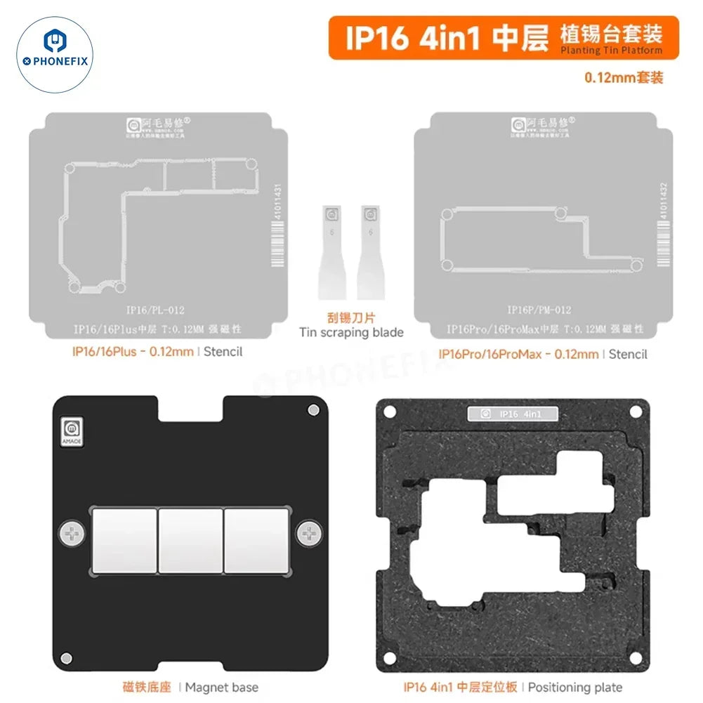 Amaoe 31-in-1 BGA reballing stencil kit for iPhone X-17 series, featuring precision middle layer stencils for phone repair.