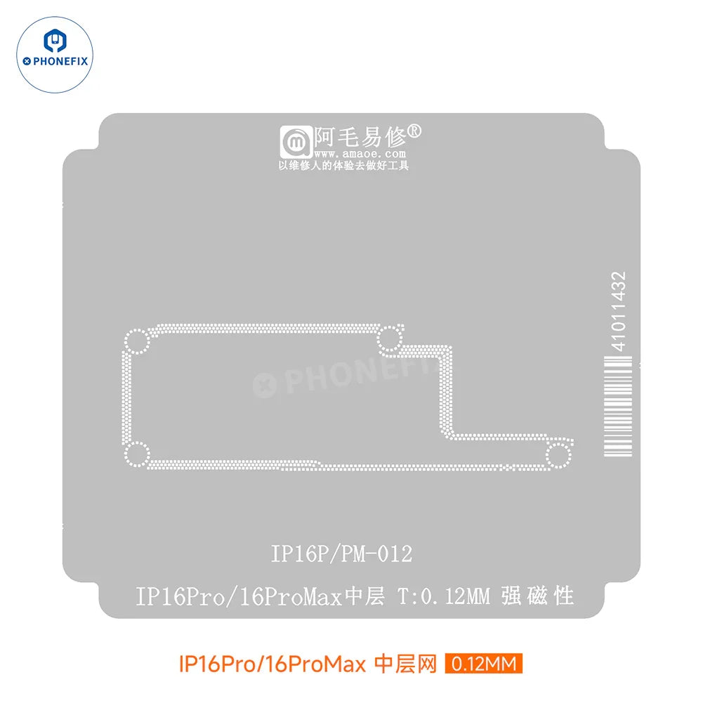 Amaoe IP16 A18 BGA reballing stencil for iPhone 16 Pro Max, used for precise reballing and repair of device circuit boards.