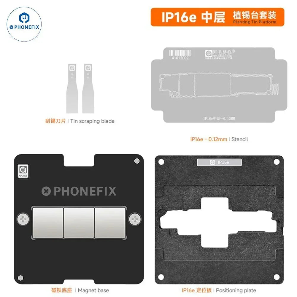 Amaoe 31-in-1 BGA reballing stencil kit for iPhone X-17 series, used for iPhone repair and reballing processes.