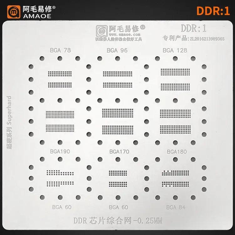 Amaoe BGA reballing stencil template for DDR memory chips, used in phone repair, by PHONEFIX, with precise cutouts for reballing.