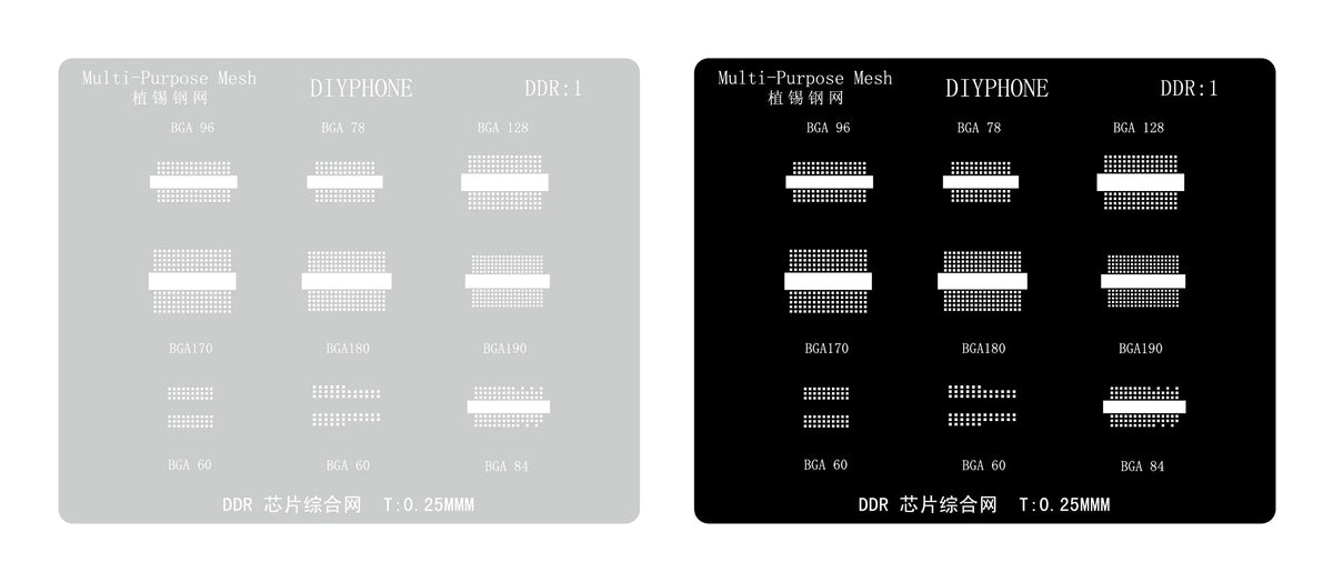 PhoneFix Amaoe BGA reballing stencil template for DDR memory chips, used for precise BGA reballing of DDR1 modules.