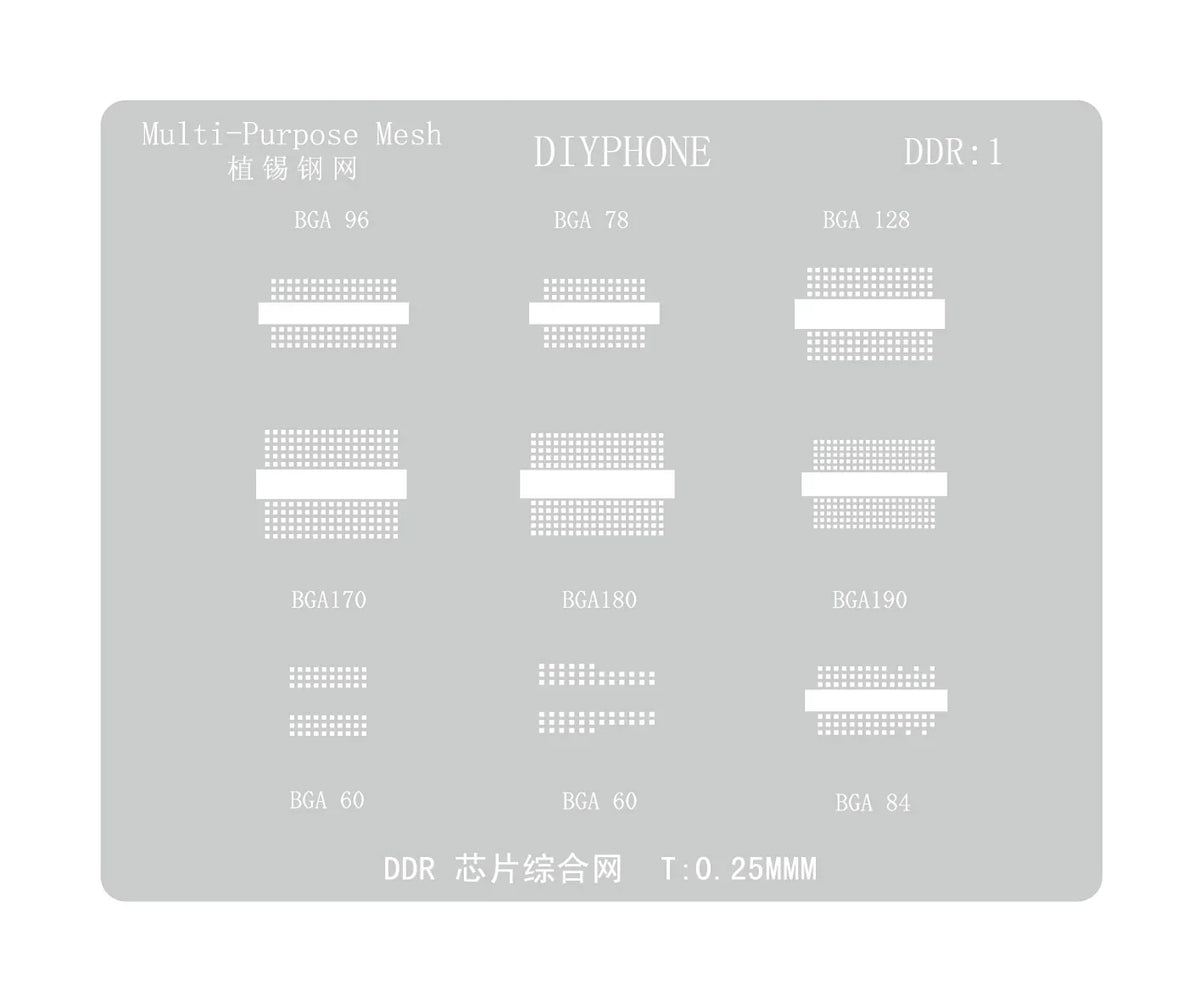 DDR1 BGA reballing stencil template for DDR memory chips by PHONEFIX, showing detailed precision holes for reballing process.