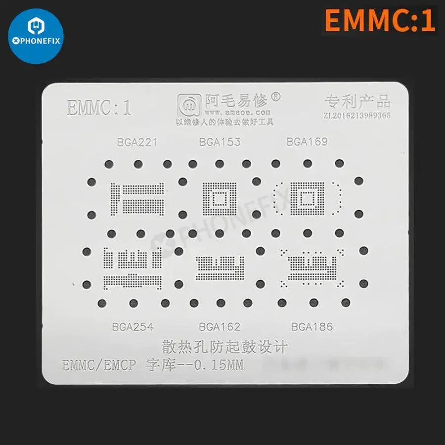 Amaoe BGA reballing stencil for EMMC, EMCP, UFS IC chips used in soldering, designed for precise BGA reballing and repair.