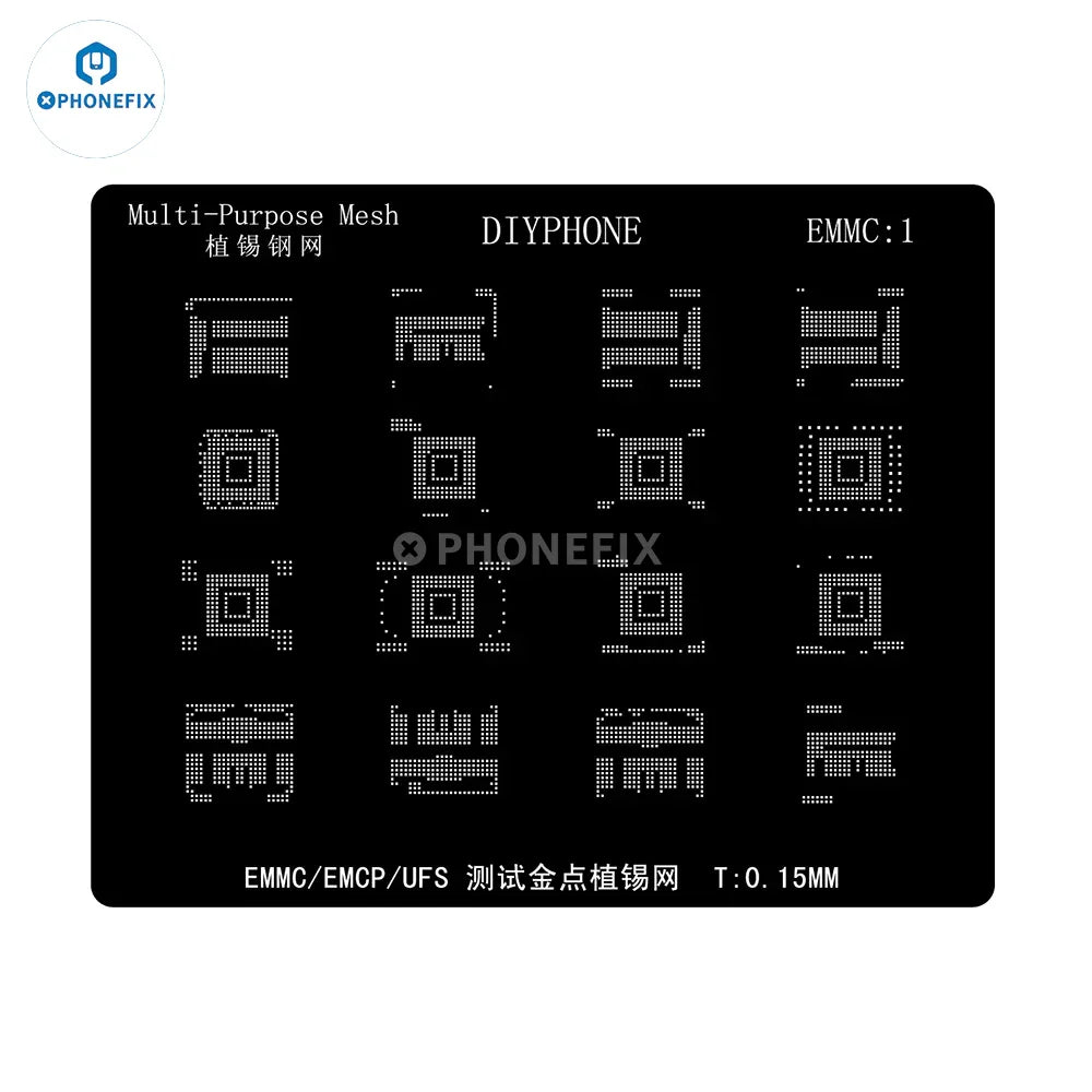 Amaoe BGA reballing stencil for EMMC, EMCP, and UFS IC chips used in soldering repair processes.