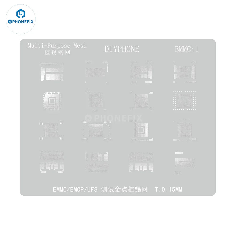 BGA reballing stencil for EMMC/EMCP/UFS IC chips, PHONEFIX brand, with precision holes for soldering and reballing process.