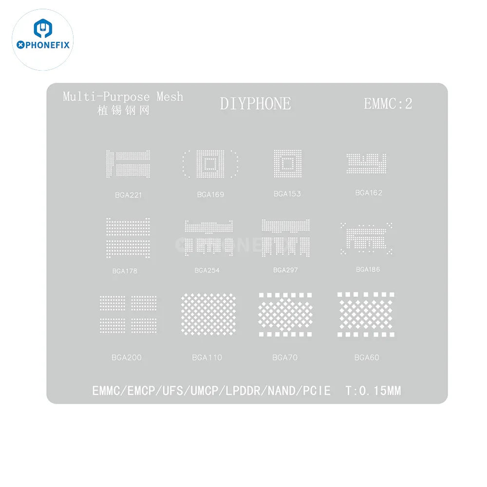Phonefix BGA reballing stencil for EMMC/EMCP/UFS IC chips, used for precise soldering and reballing in electronics repair.