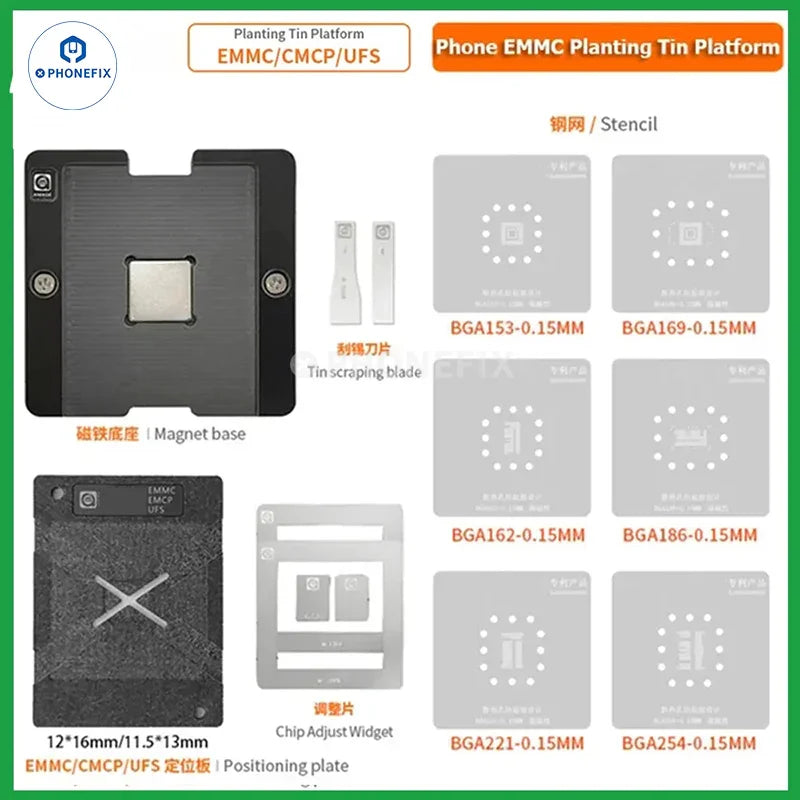 BGA reballing stencil for EMMC, EMCP, UFS IC chips used in soldering, by PHONEFIX, shown with the stencil laid out.