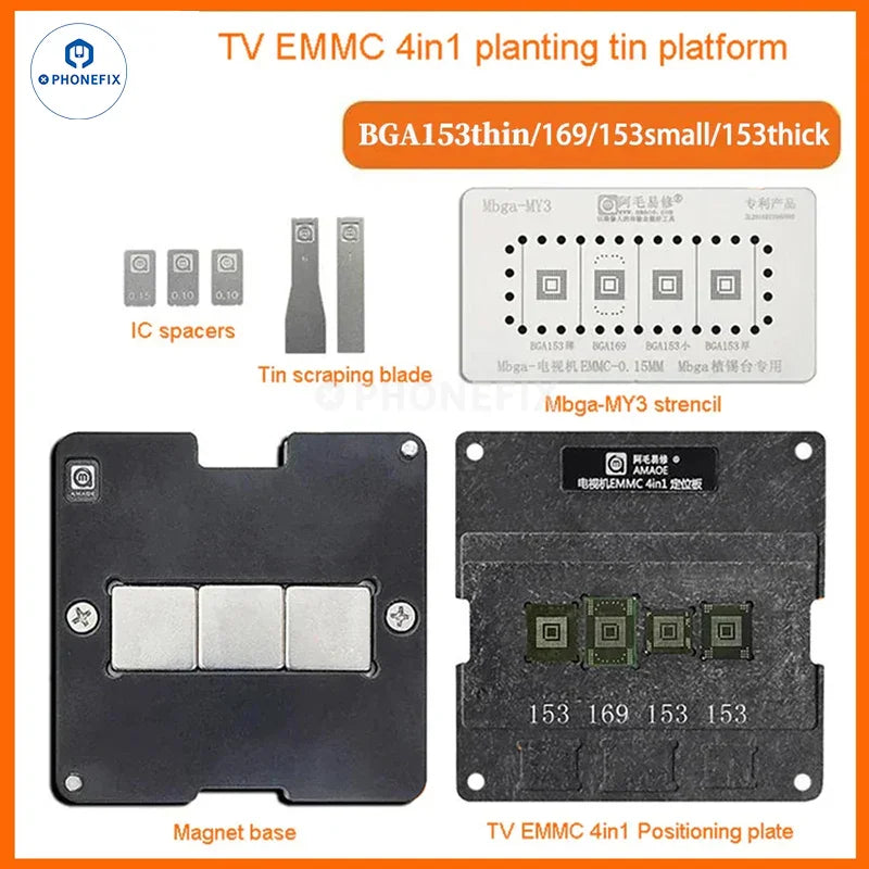 Amaoe BGA reballing stencil for EMMC, EMCP, UFS IC chips, used for soldering and reballing in electronics repair.