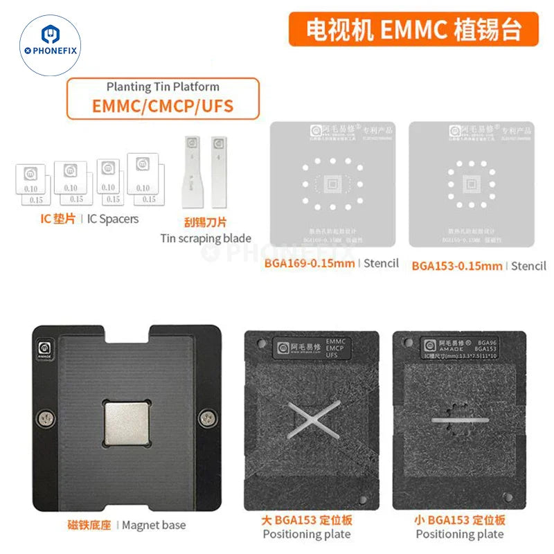 Amaoe BGA Reballing Stencil for EMMC, EMCP, UFS IC chips, used for precise soldering and reballing repairs.
