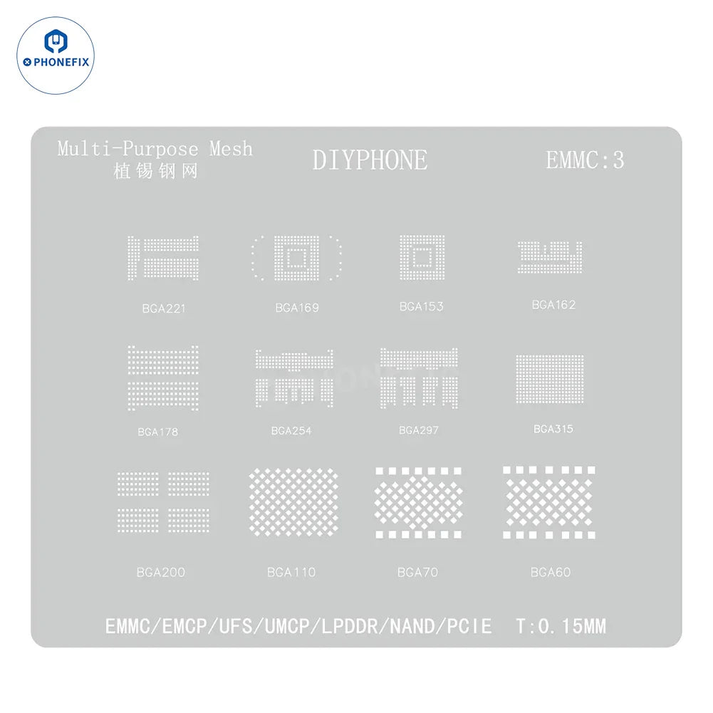 Amaoe BGA reballing stencil for EMMC, EMCP, UFS IC chips used in soldering repair processes.