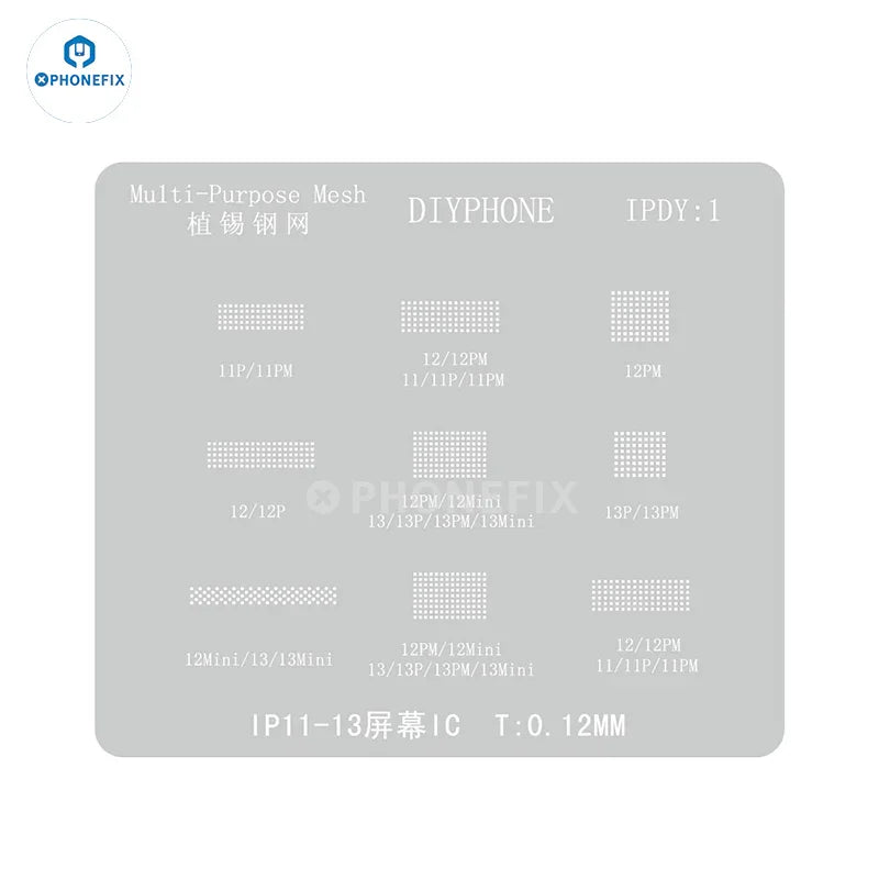 PhoneFix BGA Reballing Stencil for iPhone 11-16PM LCD screen chip repair, precise stencil for BGA reballing and chip replacement.