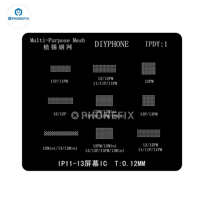 Phonefix LCD IC BGA reballing stencil for iPhone 11-16PM screen chip repair, used for precise BGA reballing process.