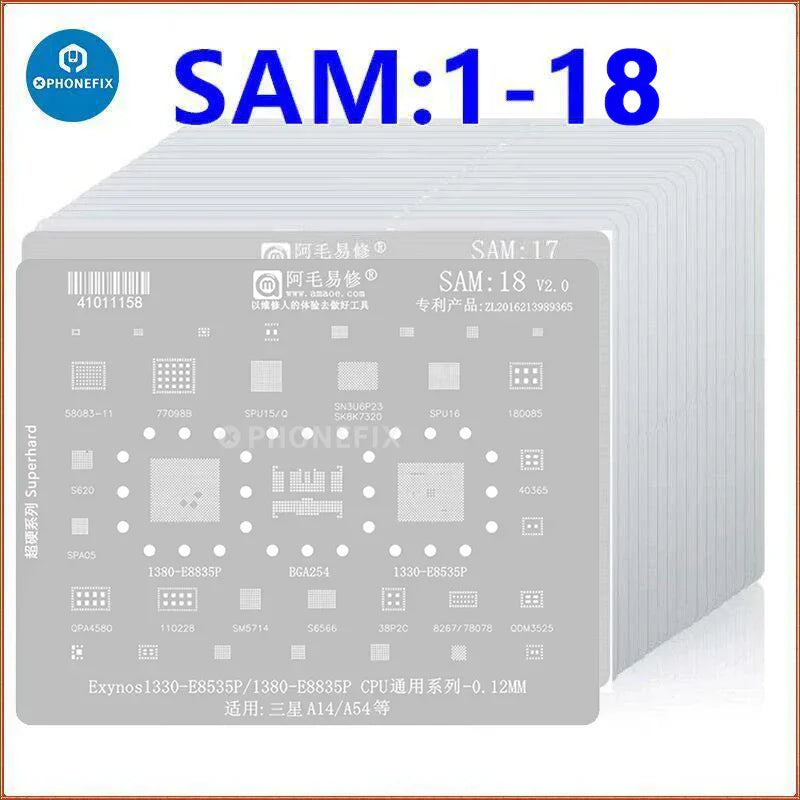 PhoneFix Amaoe BGA Reballing Stencil Template for Samsung SAM1-SAM 22, showing detailed metal mesh for precise reballing.