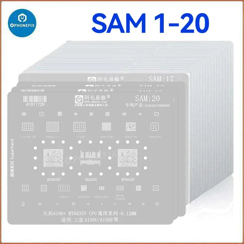 PHONEFIX Amaoe BGA Reballing Stencil Template for Samsung SAM1-SAM 22, used for precise reballing of BGA chips.