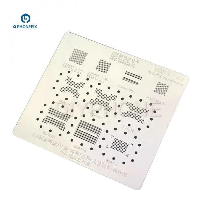 AMAOE SSD DDR Memory BGA Reballing Stencil Template from PHONEFIX, detailed net pattern for precise reballing work.