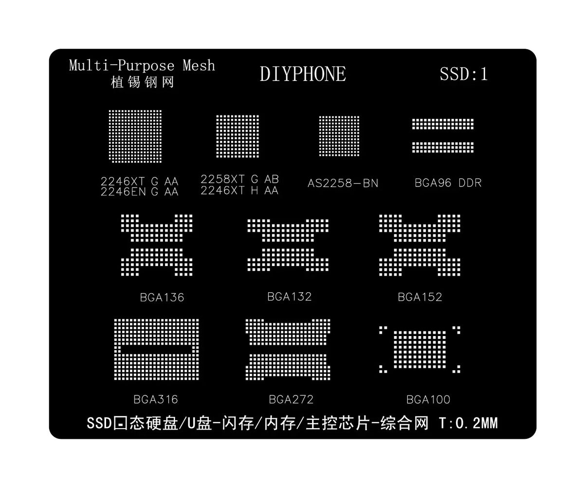 PHONEFIX AMAOE SSD DDR BGA Reballing Stencil Template with fine 0.12mm mesh for precise reballing and soldering.