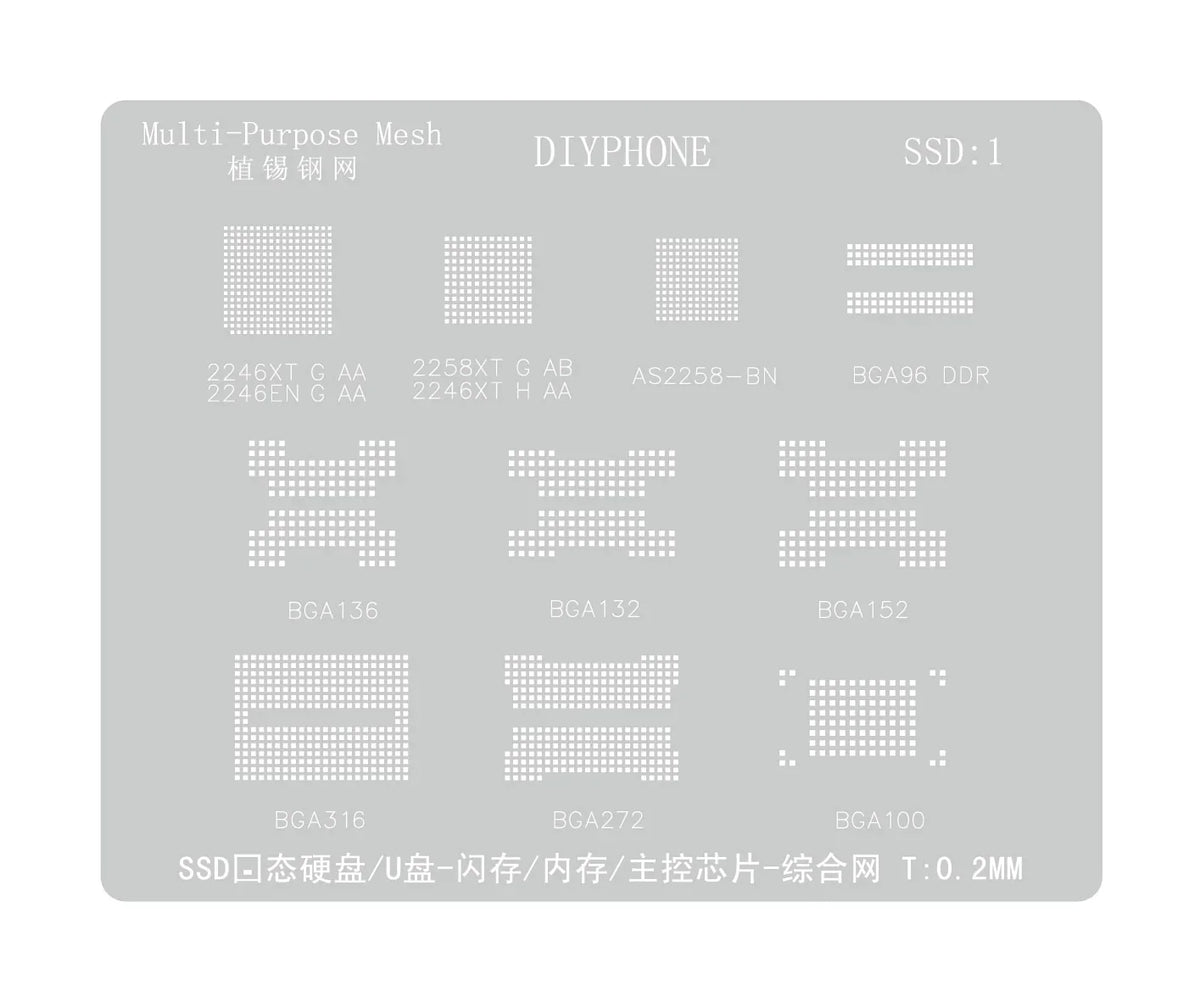 PhoneFix AMAOE SSD DDR BGA Reballing Stencil Template with fine mesh pattern for precise reballing and soldering.